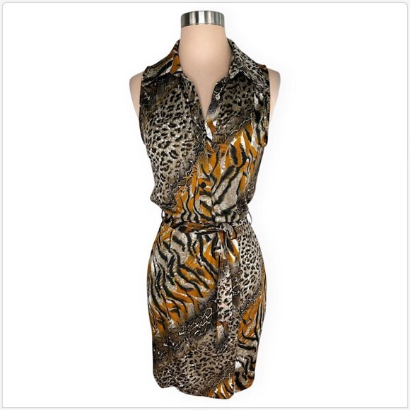 Grifflin Paris Multi Color Animal Print Pattern Sleeveless Belted Dress M - Picture 1 of 4